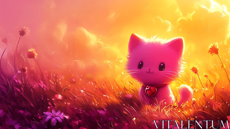 Bright pink cat sitting in glowing flower field at sunset