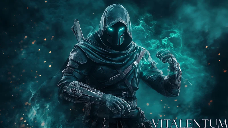 Hooded cyber assassin channels glowing teal arcane energy.