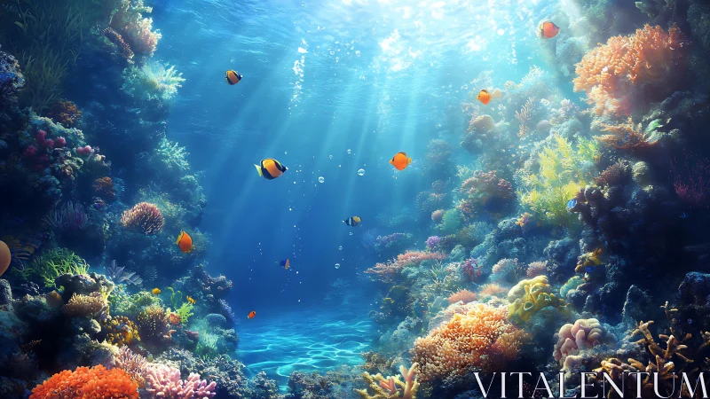 Sunlit tropical coral reef canyon with schooling reef fish