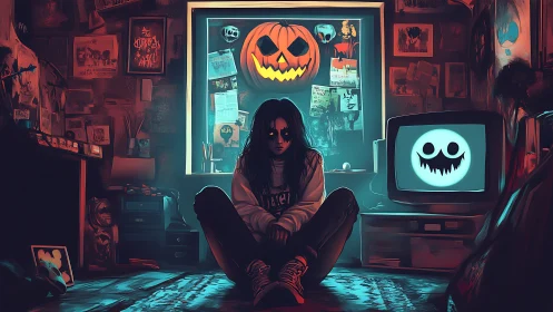 Gothic teen sits in neon room under looming jack o lantern