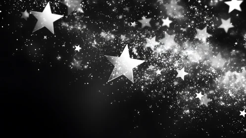 Monochrome field of stylized stars on a dark gradient background.
