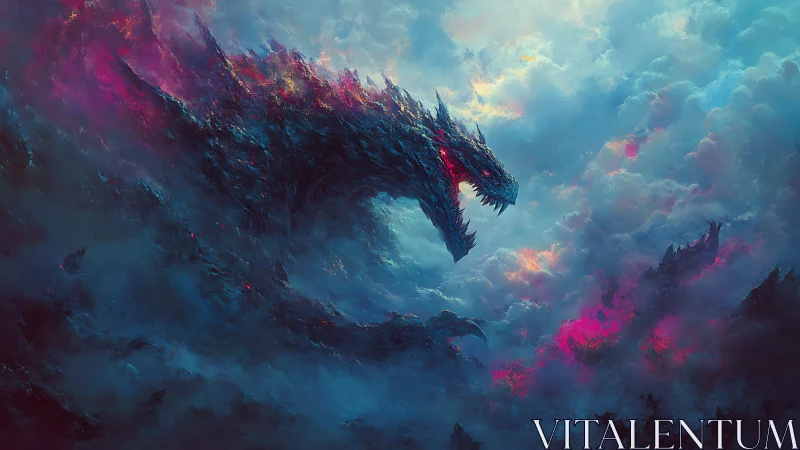 Digital dragon silhouette emerges from turbulent colored clouds