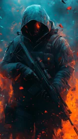 Hooded futuristic soldier emerges through fire and cyan smoke