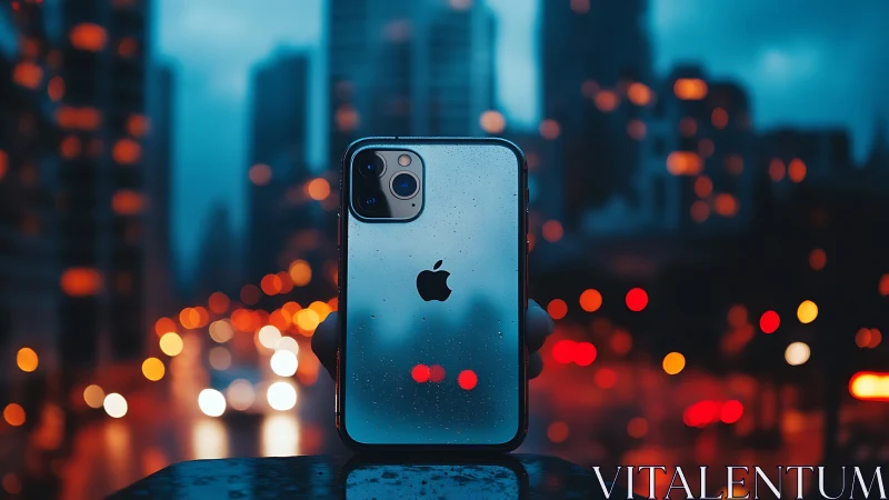Modern iPhone Glowing in the City Lights.