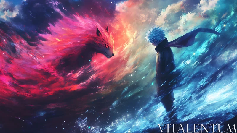 Elemental duel between spectral fox and lone warrior figure.