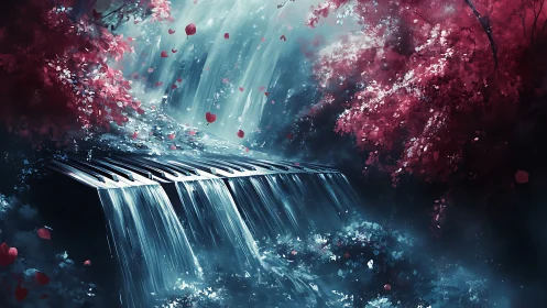 Piano waterfall merges music and mist in crimson forest.
