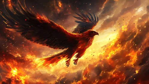 Majestic Phoenix Soaring in Fiery Skies, Digital Fantasy Art.