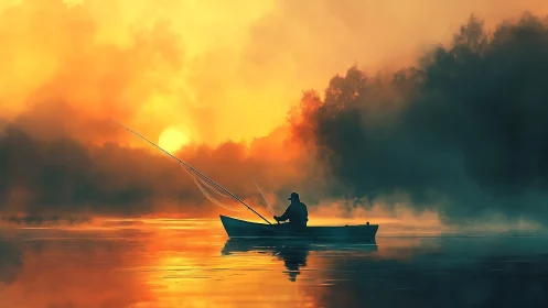 Solitary angler occupies small boat on misty sunrise lake