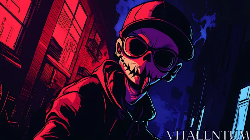 Skull-masked street figure stalks neon alley at night