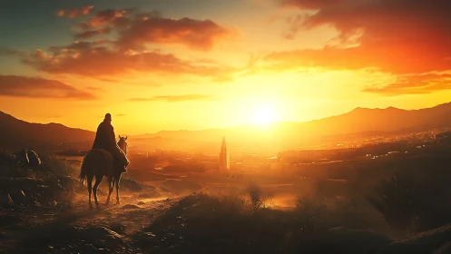 Solitary rider approaches desert city under blazing sunset