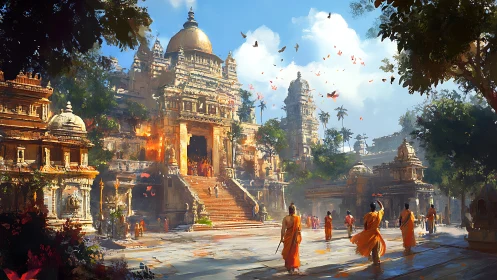 Sunlit temple complex with monks in flowing saffron robes.