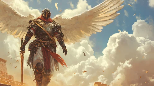 Winged armored paladin strides through blazing clouded sky