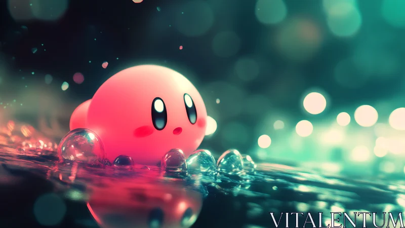 Pink spherical character on reflective liquid surface at night.