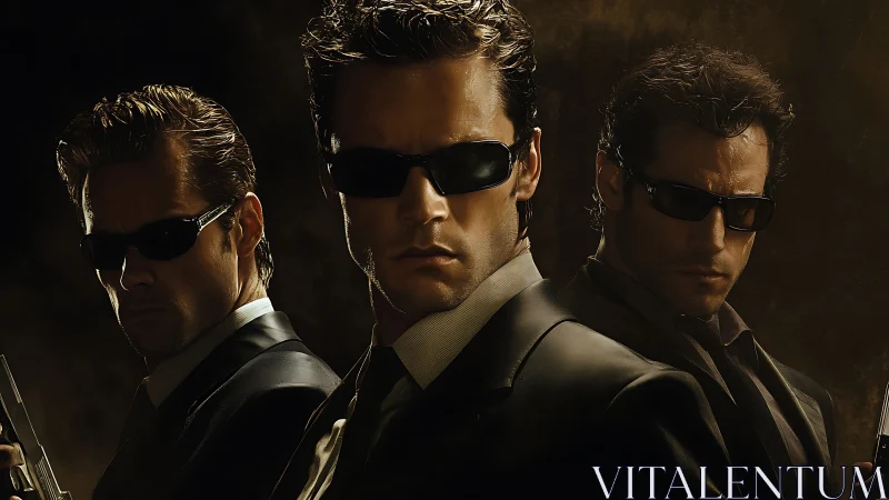 Three suited men wearing dark sunglasses in low-key light.