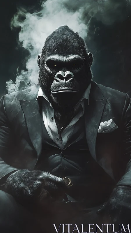 Power-broker gorilla in tailored tux amid swirling smoke.