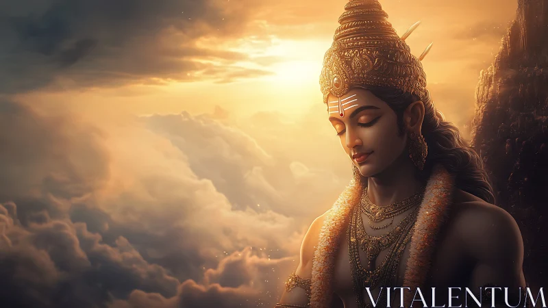 Serene divine figure above glowing clouds at sunrise.