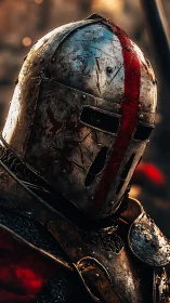 Battle-scarred crusader helm under ember-tinted evening skies.