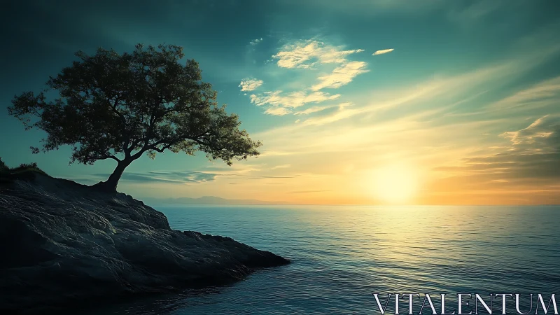 Cinematic seascape with solitary cliffside tree at sunrise.