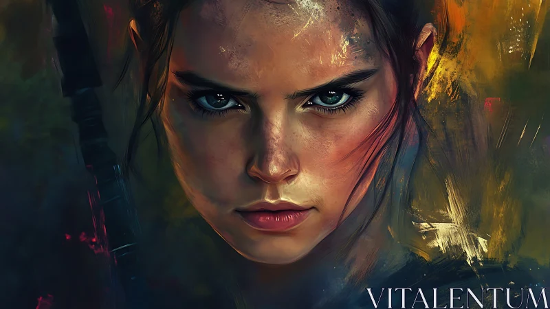Digital portrait of intense female face in close focus.