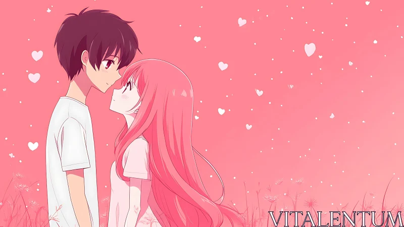 Anime couple stands face to face in pink heart-filled field