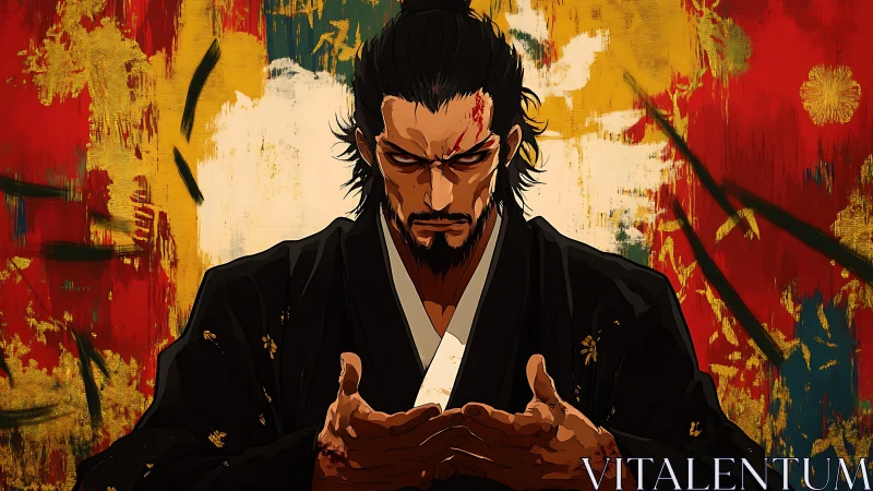 Battle-scarred samurai broods before tempest of painted fury.