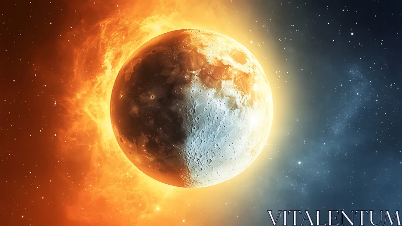 Cosmic eclipse where firelight meets quiet lunar frost.