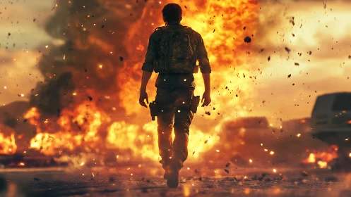 Solitary figure walking through active fire zone.