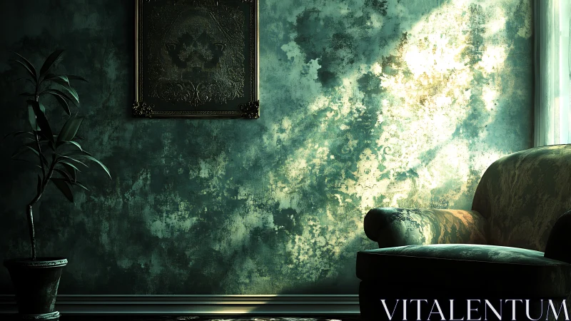 Moody green interior with worn wall, plant, and armchair.