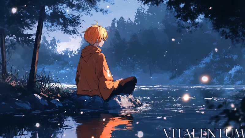 Nocturnal riverside reverie with orange-clad anime observer.