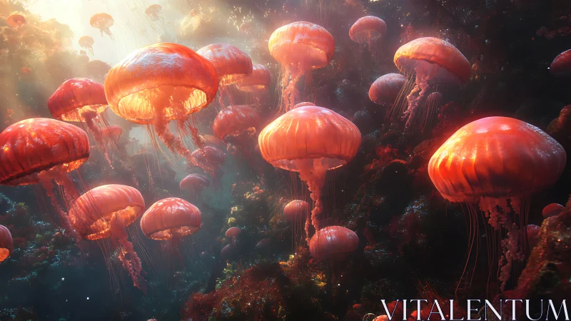 Glowing jellyfish drift gently through a dreamlike coral sea