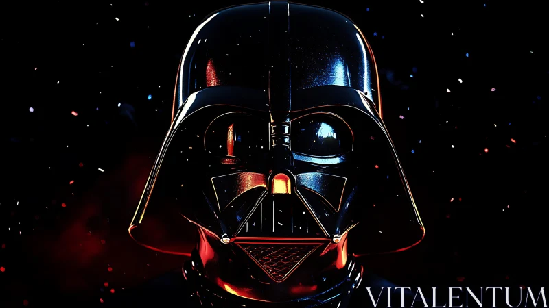 Dark sci-fi helmet under cinematic red and blue light.