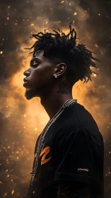 Profile portrait of rapper in ember-lit atmospheric cloud