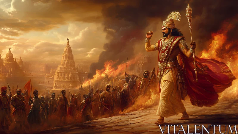 Warrior king leads armed procession past burning temples