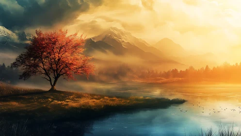 Solitary deciduous tree stands beside reflective mountain lake