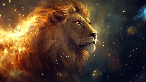 Cosmic lion portrait with incendiary mane and nebular particle field