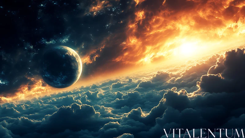 Glowing cosmic sunrise above dreamy cloud seas in space.