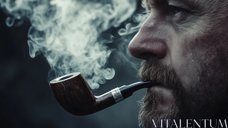Moody closeup portrait with smoking wooden tobacco pipe.