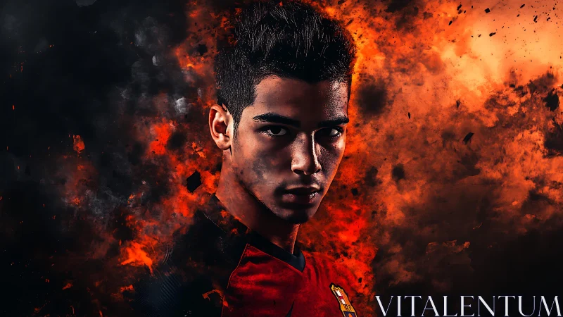 Explosive portrait of intense athlete within blazing smoke.