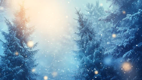 Backlit conifer forest in dense snowfall with warm bokeh glow