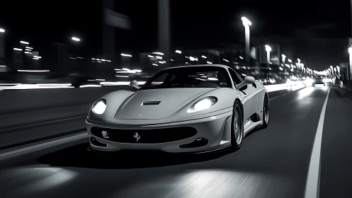 Silver supercar speeds through a neon-lit city highway at night