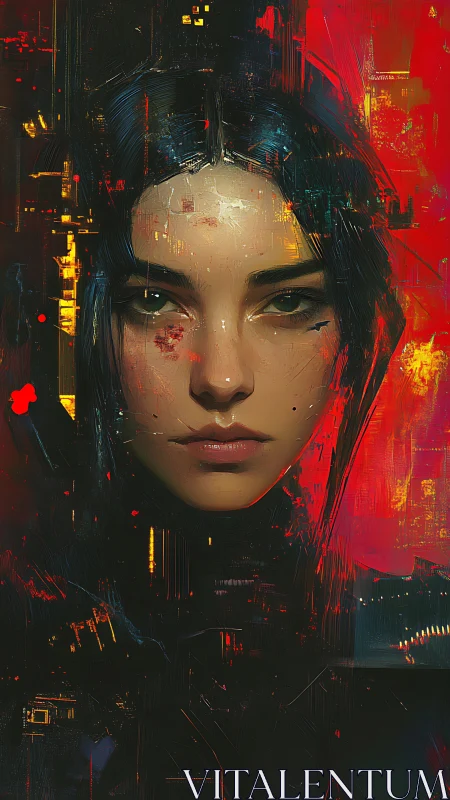 Cybernetic woman portrait amid fractured neon textures.