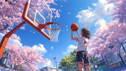 Anime spring court scene with cherry blossom basketball focus.