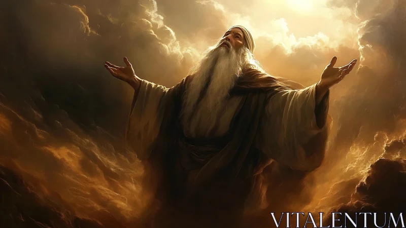 Luminous elder prophet in volumetric stormlit atmosphere.