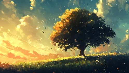 Lone tree stands on sunlit hill under bright painted sky