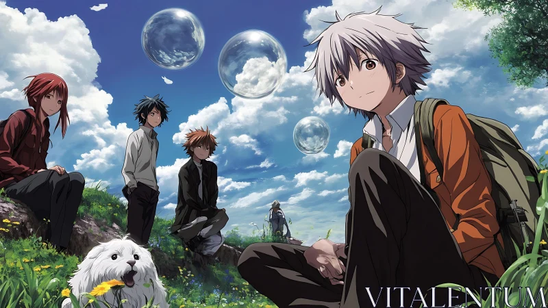 Teen friends on hillside under floating soap bubbles, daytime