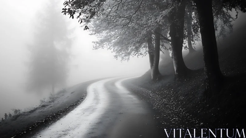 Foggy wet asphalt road curving through monochrome forest at dawn