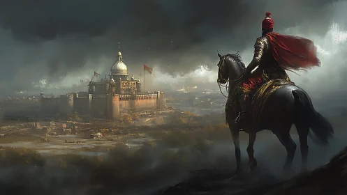 Armored horseman surveys fortified domed citadel under storm clouds