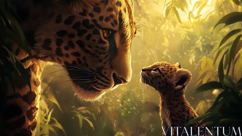 Leopard Mother and Cub in Golden Rainforest Light.
