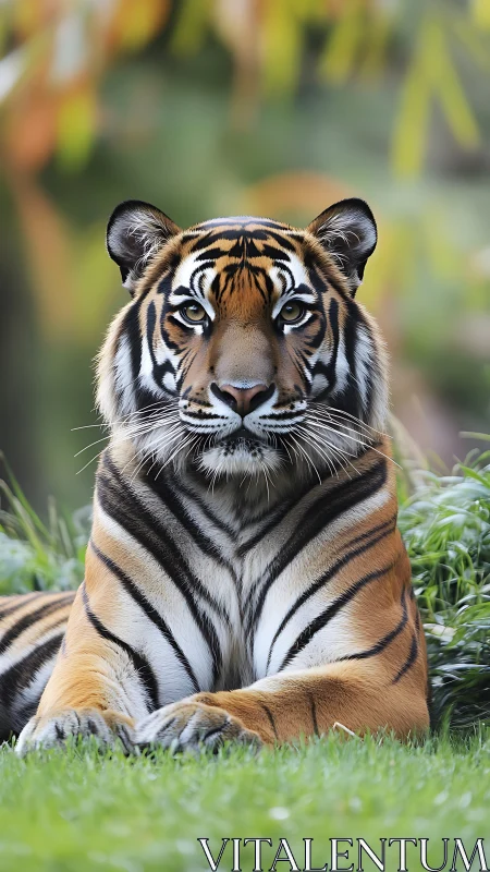 Frontal tiger portrait with axial symmetry and shallow focus field.