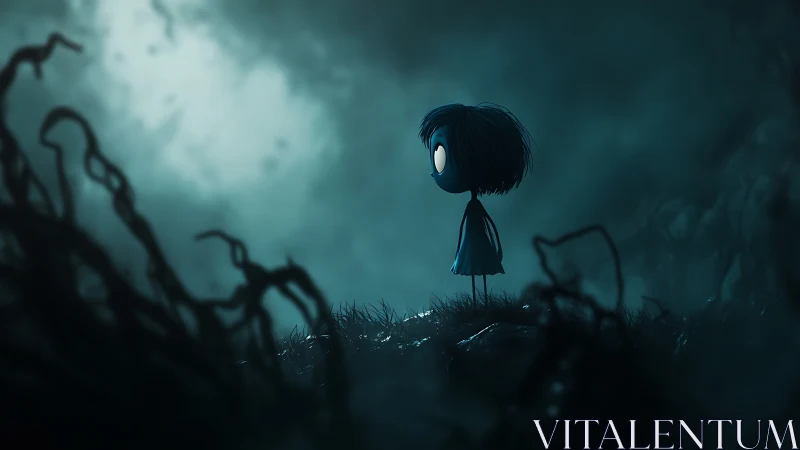Digital painting of lone child in eerie misted forest clearing.
